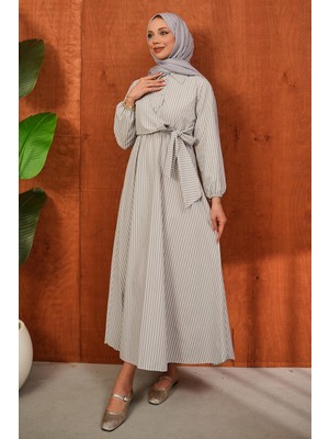 İmaj Butik Gri Yaka Düğmeli Yan Bağlamalı Çizgili Elbise