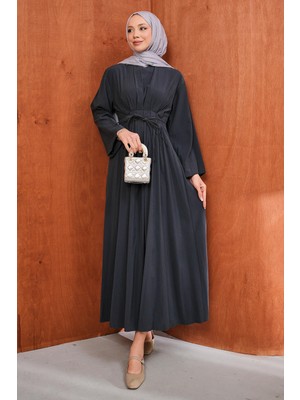 İmaj Butik Antrasit Bel Bağlamalı Piliseli Elbise