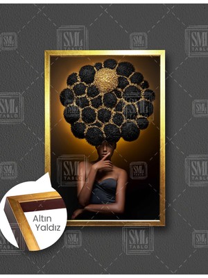 SML Tablo Afro Afrikalı Kadın Model  Etnik Makyaj Saç Kuaför Dikey Çerçeveli Kanvas Tablo