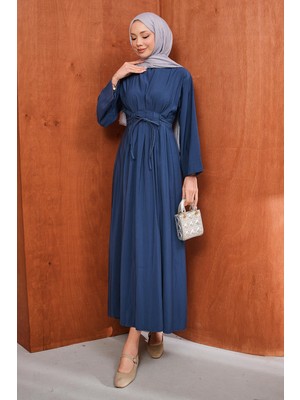 İmaj Butik Lacivert Bel Bağlamalı Piliseli Elbise