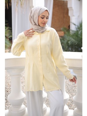 İmaj Butik Sarı Önü Pens Detaylı Modal Dokuma Gömlek