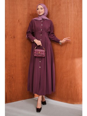 İmaj Butik Bordo Düğmeli Pileli Elbise