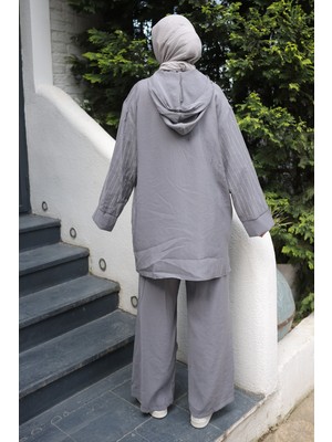 İmaj Butik Gri Kapşonlu Tunik Pantolonlu Takım