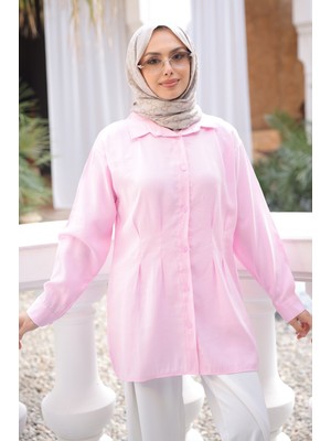 İmaj Butik Pembe Önü Pens Detaylı Modal Dokuma Gömlek
