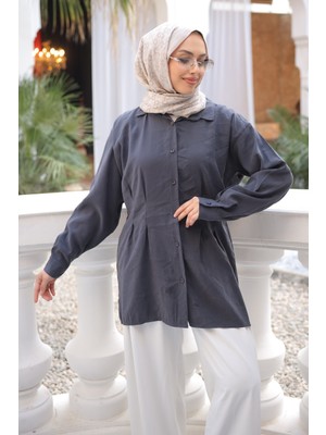 İmaj Butik Antrasit Önü Pens Detaylı Modal Dokuma Gömlek