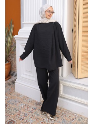 İmaj Butik Siyah Yaka Detaylı Tunik Pantolonlu Modal Takım