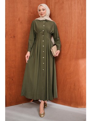 İmaj Butik Haki Düğmeli Pileli Elbise