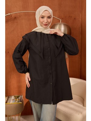 İmaj Butik Siyah Önü Nervürlü Çift Yakalı Poplin Tunik