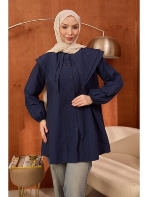 İmaj Butik Lacivert Önü Nervürlü Çift Yakalı Poplin Tunik