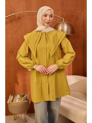 İmaj Butik Yağ Yeşili Önü Nervürlü Çift Yakalı Poplin Tunik