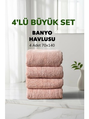 Cotto Home 4 lü Kareli Pudra Renk Yumuşak Pamuk Banyo Havlu Seti 70x140 cm