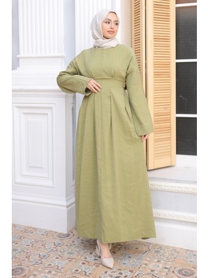 İmaj Butik Yeşil Pens Dikişli Bel Lastikli Modal Dokuma Elbise