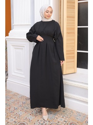 İmaj Butik Siyah Pens Dikişli Bel Lastikli Modal Dokuma Elbise