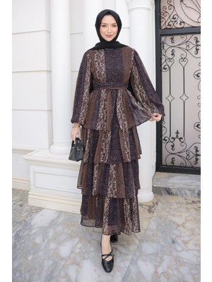 İmaj Butik Kahverengi Eteği Katlı Desenli Şifon Elbise