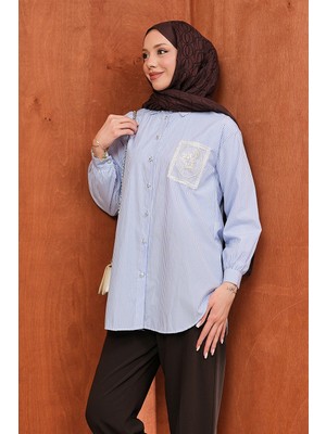 İmaj Butik Mavi Düğmeli Çizgili Taş Detaylı Gömlek
