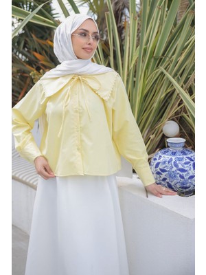 İmaj Butik Sarı Yaka Dantelli Poplin Gömlek