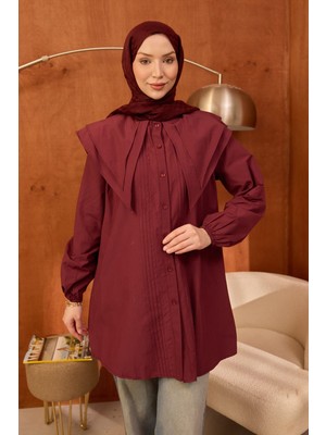 İmaj Butik Bordo Önü Nervürlü Çift Yakalı Poplin Tunik