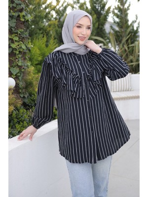 İmaj Butik Siyah Yaka Detaylı Kol Lastikli Çizgili Gömlek