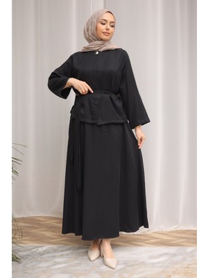 İmaj Butik Siyah Gizli Düğmeli Bel Kuşaklı Gömlek Etekli Takım