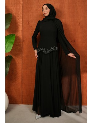 İmaj Butik Siyah Önü Taşlı Krep Abiye
