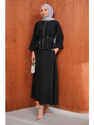 İmaj Butik Siyah Fermuarlı Kuşgözlü Kemerli Ceket Etekli Takım