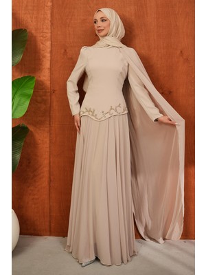 İmaj Butik Bej Önü Taşlı Krep Abiye
