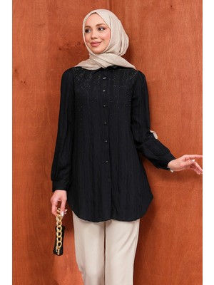 İmaj Butik Siyah Taş Detaylı Düğmeli Gömlek