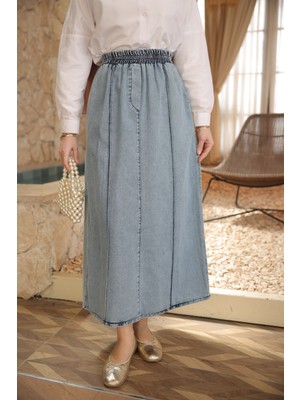 İmaj Butik Mavi Bel Lastikli Çimalı Kot Etek