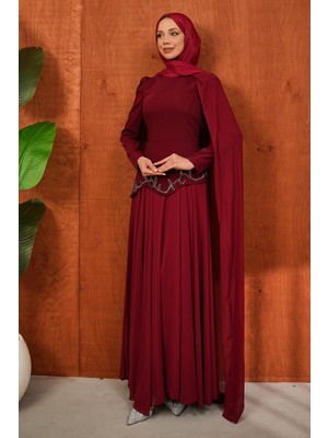 İmaj Butik Bordo Önü Taşlı Krep Abiye