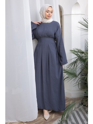 İmaj Butik Antrasit Pens Dikişli Bel Lastikli Modal Dokuma Elbise