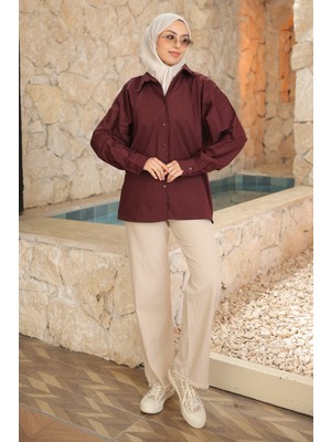 İmaj Butik Bordo Düğmeli  Yarasa Kol Terikoton Gömlek