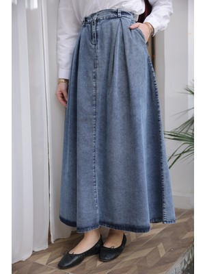 İmaj Butik Mavi Pileli Kot Etek