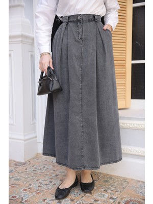 İmaj Butik Füme Pileli Kot Etek