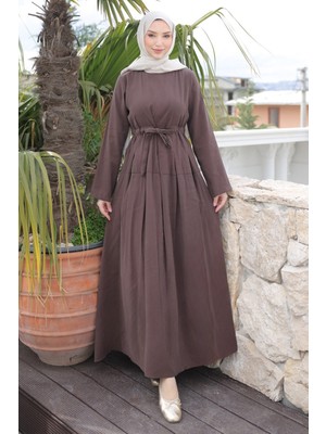 İmaj Butik Kahverengi Ön Etek Pileli Belden  Bağlamalı Modal Dokuma Elbise