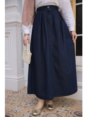 İmaj Butik Lacivert Pileli Kot Etek