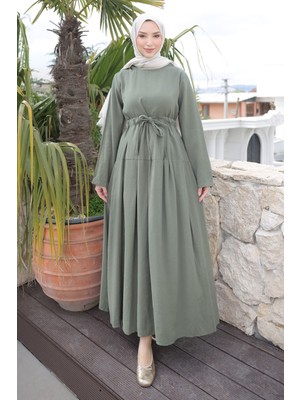İmaj Butik Yeşil Ön Etek Pileli Belden  Bağlamalı Modal Dokuma Elbise