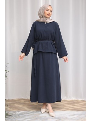 İmaj Butik Koyu Lacivert Gizli Düğmeli Bel Kuşaklı Gömlek Etekli Takım