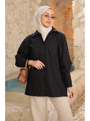 İmaj Butik Siyah Düğmeli  Yarasa Kol Terikoton Gömlek