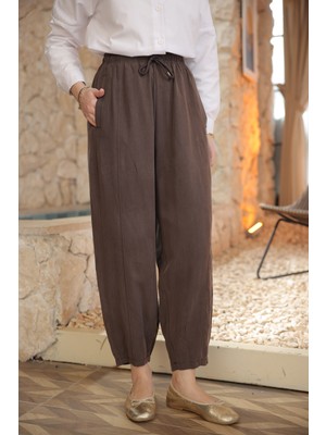 İmaj Butik Kahverengi Bel Lastikli Şalvar Kesim Pantolon