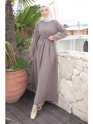 İmaj Butik Vizon Ön Etek Pileli Belden  Bağlamalı Modal Dokuma Elbise