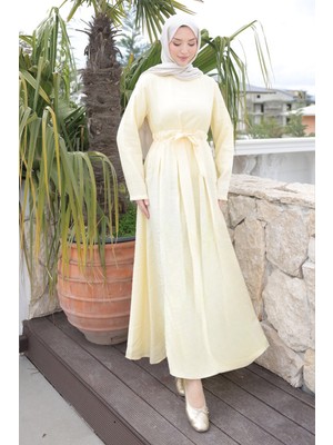 İmaj Butik Sarı Ön Etek Pileli Belden  Bağlamalı Modal Dokuma Elbise