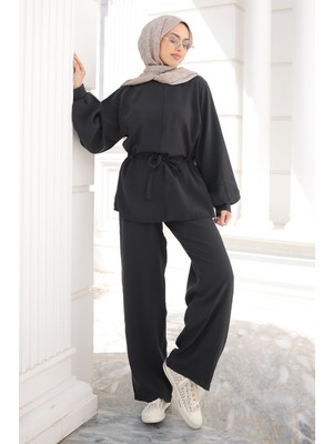 İmaj Butik Siyah Bel Bağlamalı Tunik Pantolonlu Takım
