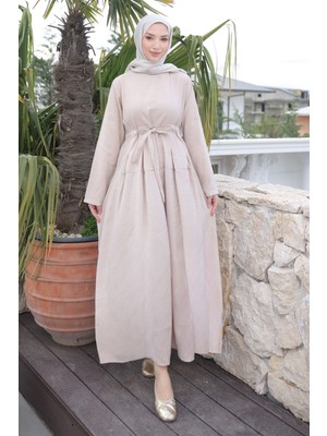 İmaj Butik Bej Ön Etek Pileli Belden  Bağlamalı Modal Dokuma Elbise