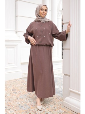 İmaj Butik Kahverengi Kol ve Bel Lastikli Taşlı Ceket Etekli Takım