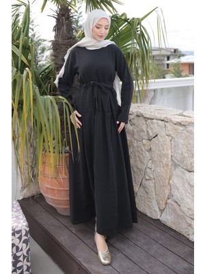 İmaj Butik Siyah Ön Etek Pileli Belden  Bağlamalı Modal Dokuma Elbise