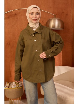 İmaj Butik Haki Kravuze Yaka Düğmeli Oversize Kot Ceket