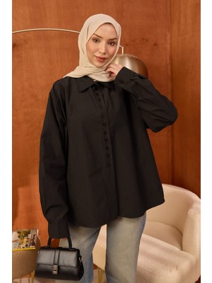 İmaj Butik Siyah Düğmeli Asimetrik Kesim Terikoton Gömlek