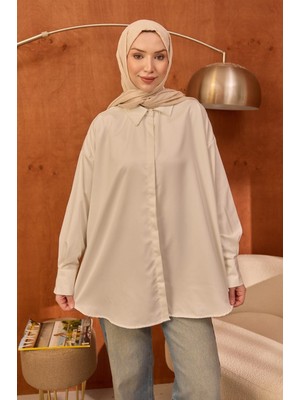 İmaj Butik Ekru Gizli Düğmeli Oversize Tunik