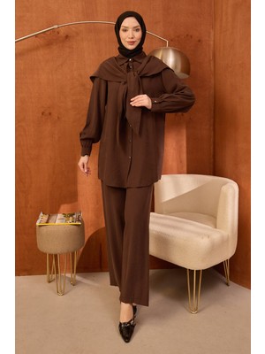 İmaj Butik Kahve Şal Detaylı Tunik Pantolonlu Takım