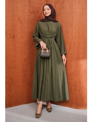 İmaj Butik Haki Bel Bağlamalı Piliseli Elbise